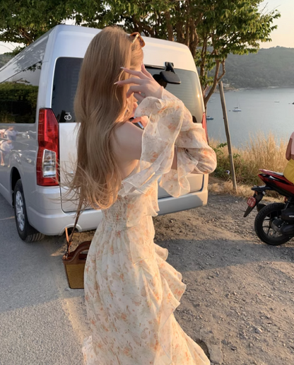 French Tea Break Ruffle Chiffon Floral Sling Dress ED0429