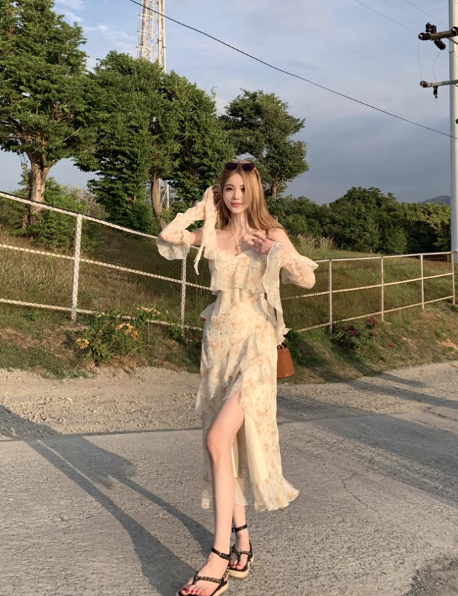 French Tea Break Ruffle Chiffon Floral Sling Dress ED0429