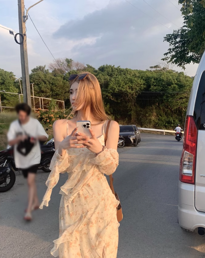 French Tea Break Ruffle Chiffon Floral Sling Dress ED0429