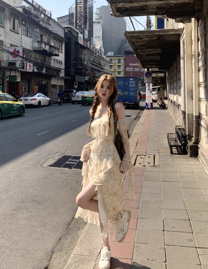 French Tea Break Ruffle Chiffon Floral Sling Dress ED0429