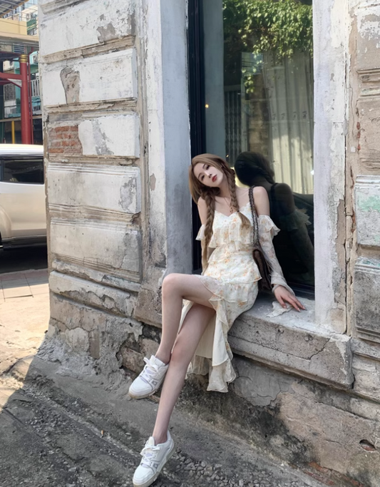 French Tea Break Ruffle Chiffon Floral Sling Dress ED0429