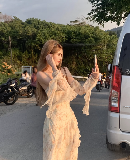 French Tea Break Ruffle Chiffon Floral Sling Dress ED0429