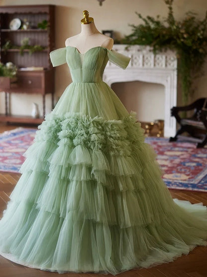 A-Line Off Shoulder Sweetheart Neck Tulle Green Long Prom Dress ED059