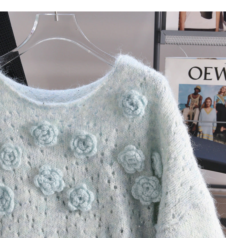 Blue Sequined 3D Flower Knitted Sweater ED0919