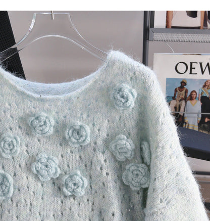 Blue Sequined 3D Flower Knitted Sweater ED0919