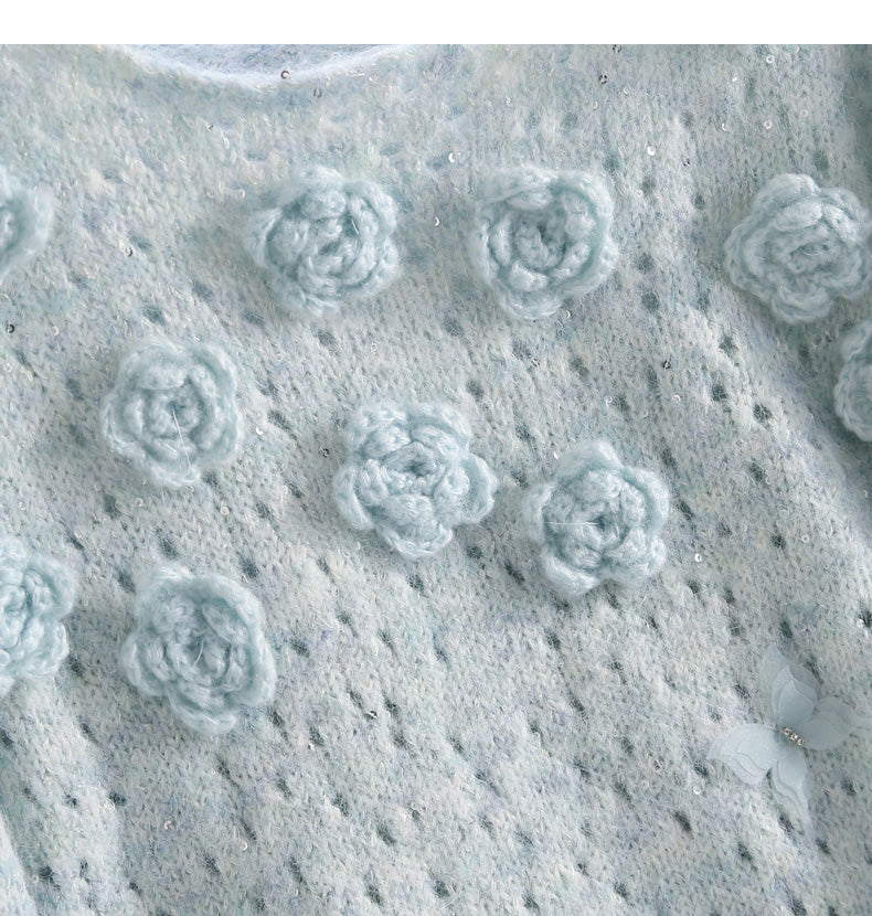 Blue Sequined 3D Flower Knitted Sweater ED0919
