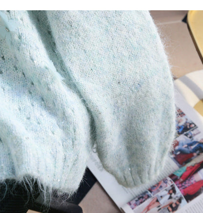 Blue Sequined 3D Flower Knitted Sweater ED0919