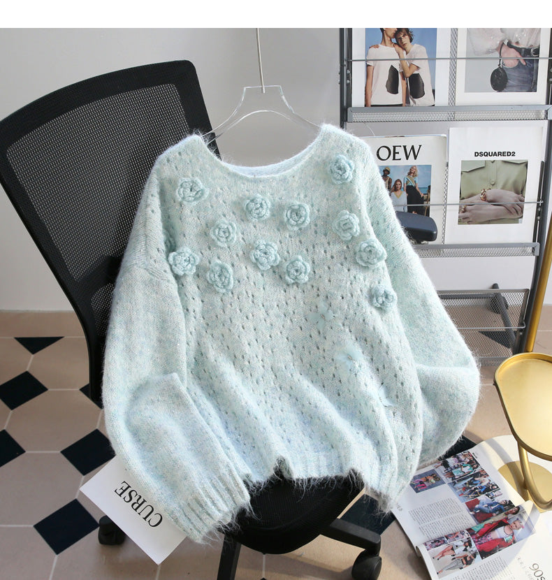 Blue Sequined 3D Flower Knitted Sweater ED0919