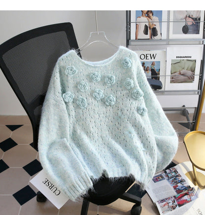 Blue Sequined 3D Flower Knitted Sweater ED0919
