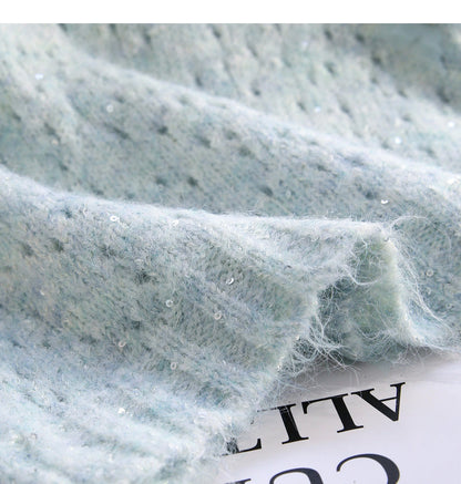 Blue Sequined 3D Flower Knitted Sweater ED0919