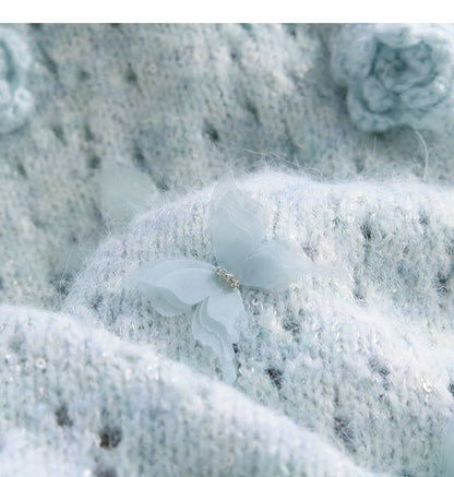 Blue Sequined 3D Flower Knitted Sweater ED0919