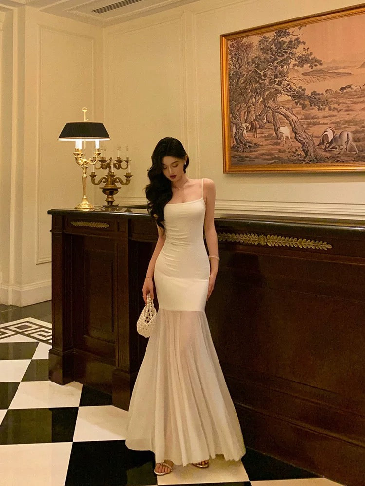 Sexy Mermaid Spaghetti Straps White Sleeveless Prom Dresses Party Dress Summer Birthday Outfits 20th Birthday Dresses W816