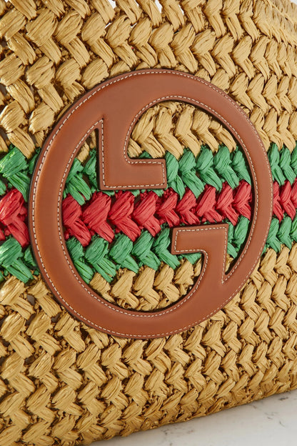 GUCCI Embellished leather-trimmed metallic crocheted raffia tote