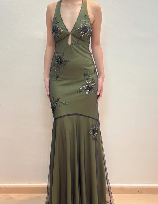 Vintage Mermaid V Neck Beaded Green Chiffon Satin Prom Dress Evening Dress SH2119
