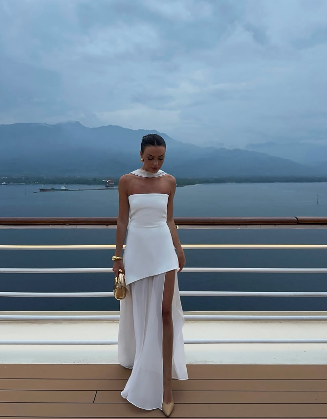 White Flowy Simple A Line Strapless Satin Chiffon Prom Dress Formal Dress with Slit SH3746