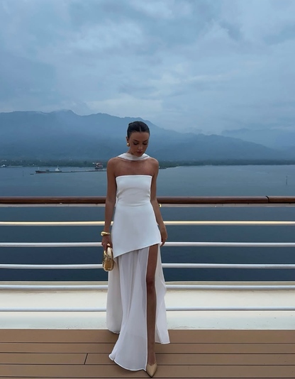 White Flowy Simple A Line Strapless Satin Chiffon Prom Dress Formal Dress with Slit SH3746