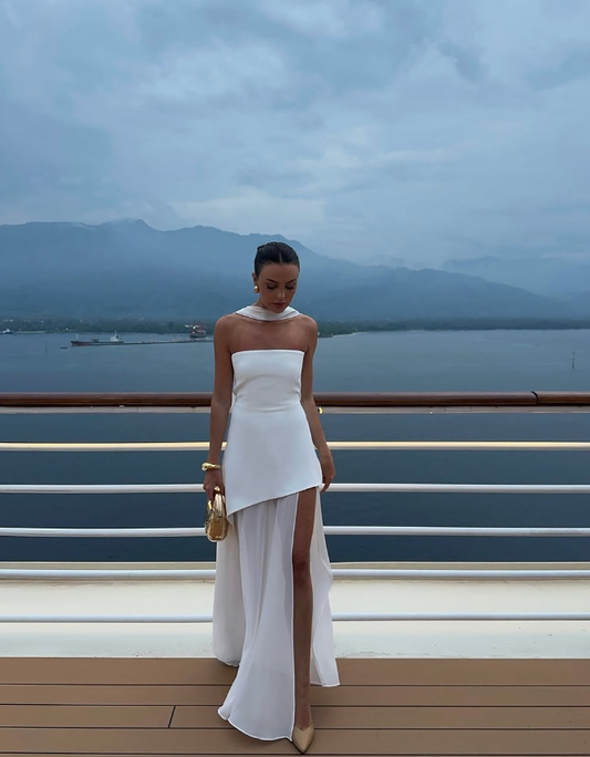 White Flowy Simple A Line Strapless Satin Chiffon Prom Dress Formal Dress with Slit SH3746