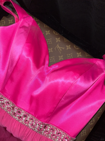 Charming A Line Spaghetti Strap Pink Beaded Satin Chiffon Long Prom Dress Party Dress SH3041