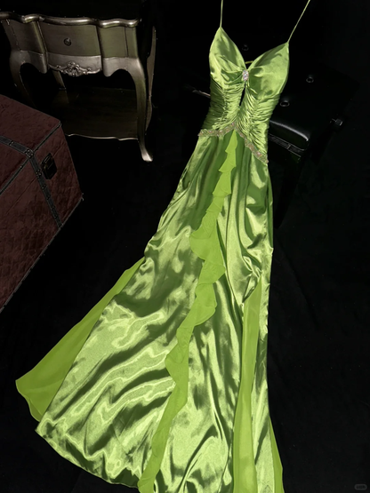 Green A Line Spaghetti Strap Beaded Pleated Satin Long Prom Dress Evening Dress SH3158
