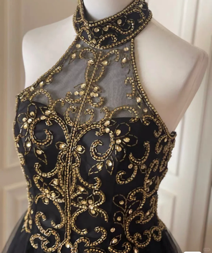 Stylish Halter Tulle Beaded A Line Homecoming Dress Black Sleeveless Birthday Dress Cocktail Dress S544