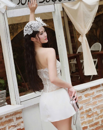 New A Line Strapless Lace Satin Short Homecoming Dress Cocktail Dress Black Bow SH3255