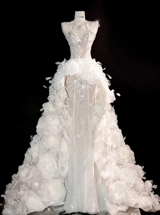 White Flower Exquisite Mermaid Rhinestone Tulle Strapless Prom Dress Evening Dress Party Dress SH3612