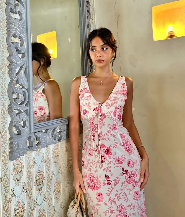 Pink Sheath V Neck Print Floral Chiffon Prom Dress Evening Dress SH2235