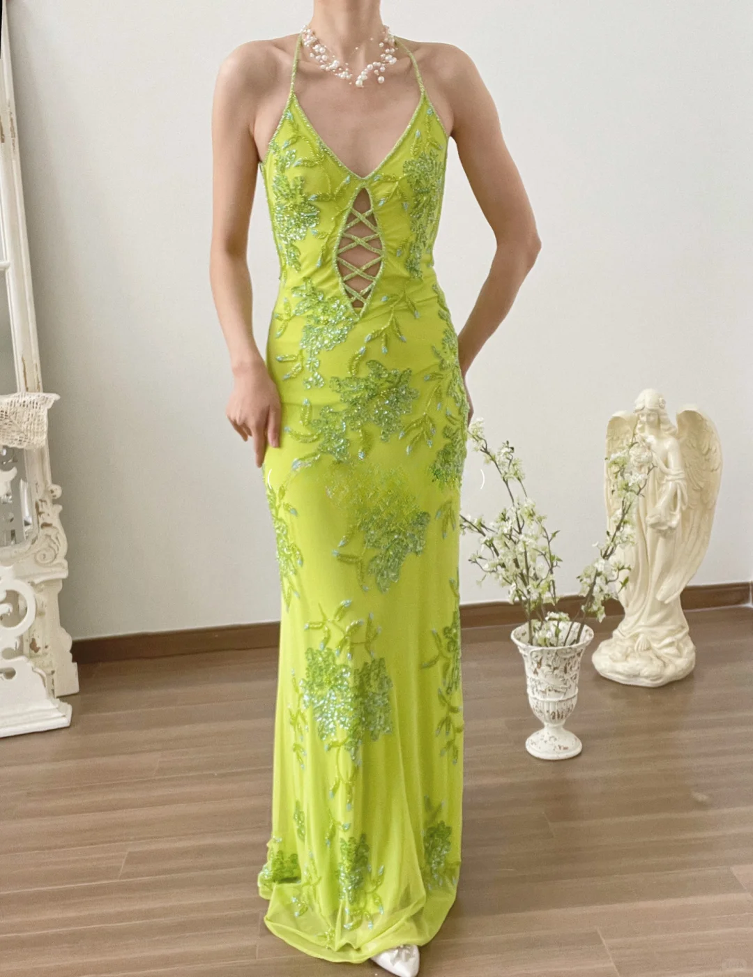 Vintage Halter Green Beaded Chiffon Open Back Long Prom Dress Formal Dress SH3865