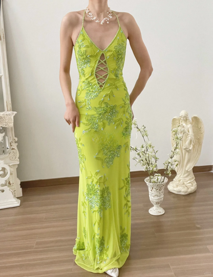 Vintage Halter Green Beaded Chiffon Open Back Long Prom Dress Formal Dress SH3865