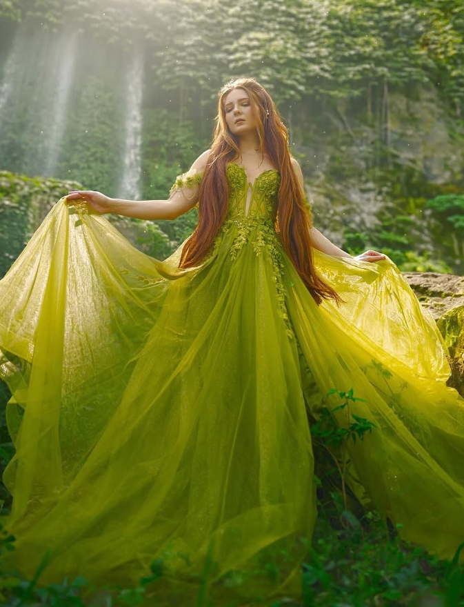 Fairy A Line Off the Shoulder Corset Appliques Green Tulle Prom Dress Evening Dress SH2180