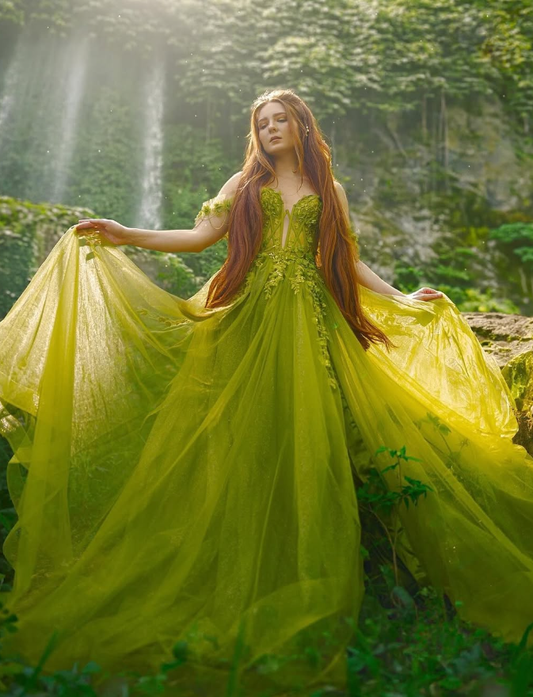 Fairy A Line Off the Shoulder Corset Appliques Green Tulle Prom Dress Evening Dress SH2180