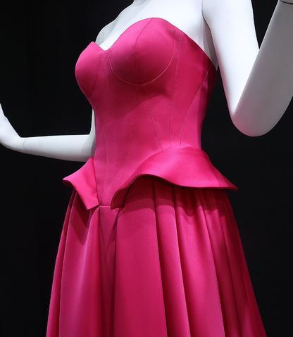 Hot Pink A Line Sweetheart Neck Satin Long Sweep Prom Dress Evening Dress SH2371