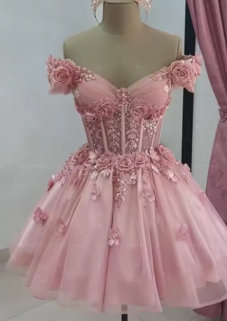 Pretty Off The Shoulder Tulle Appliques Homecoming Dress Pink Short Birthday Dress S681