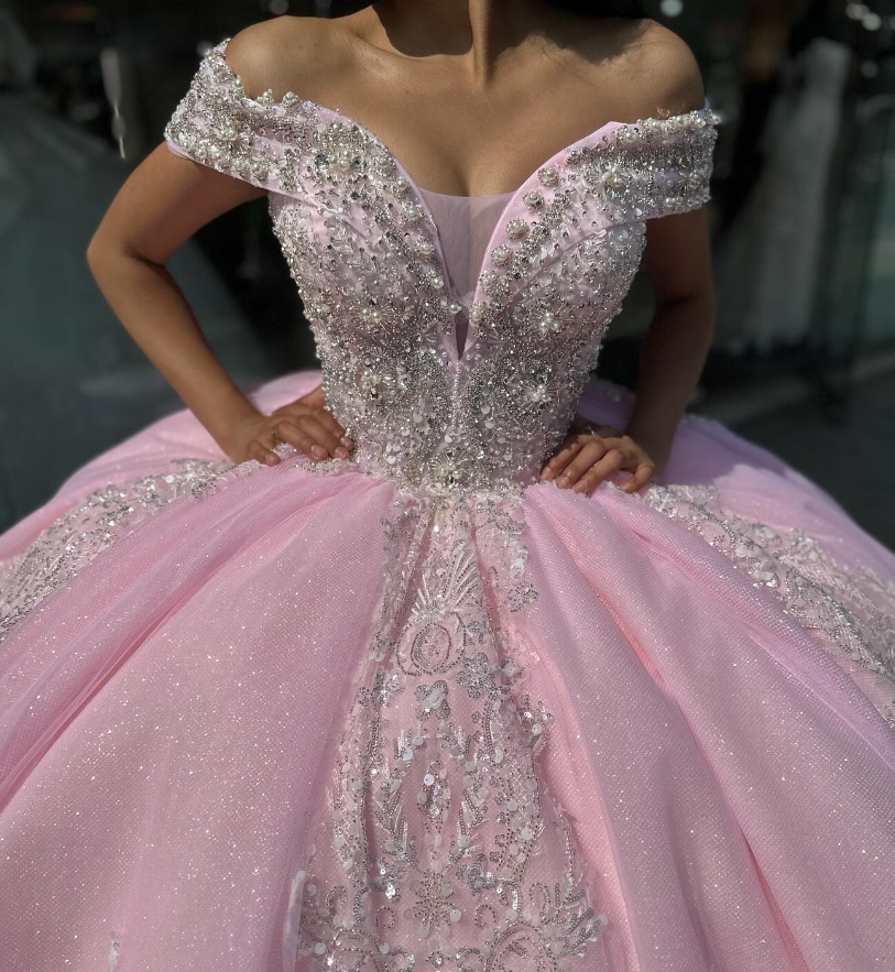 Pink Off the Shoulder Tulle Applique Long Prom Dress Quinceanera Dress Ball Gown SH2198