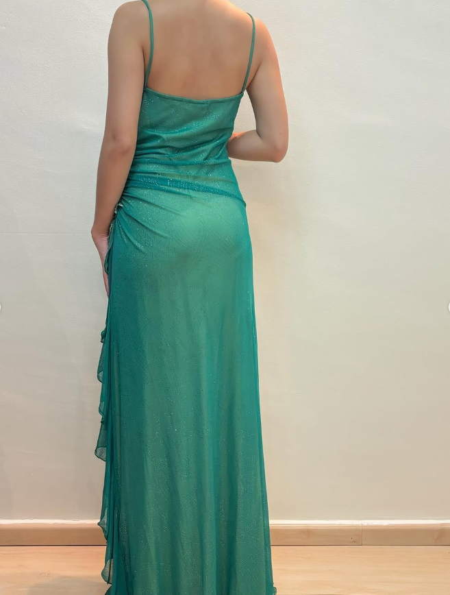Vintage A Line Spaghetti Strap Rhinestone Green Chiffon Prom Dress Evening Dress SH2204
