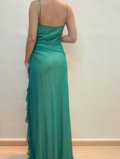 Vintage A Line Spaghetti Strap Rhinestone Green Chiffon Prom Dress Evening Dress SH2204