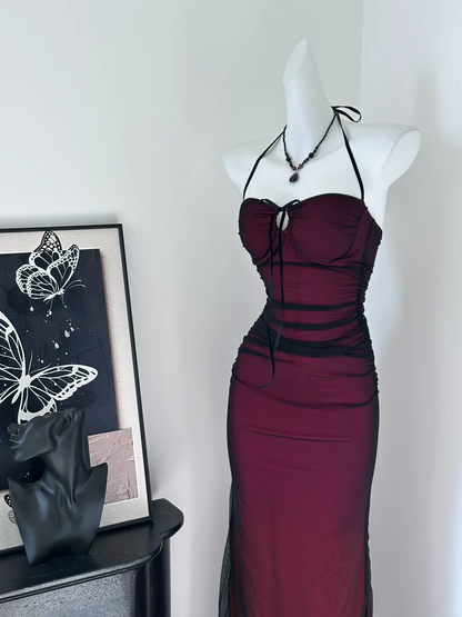 Vintage Spaghetti Straps Burgundy Bodycon Long Party Dress Birthday Dress S628