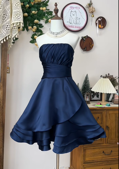 Simple Strapless Navy Blue Satin A Line Homecoming Dress Short Party Dress  S457