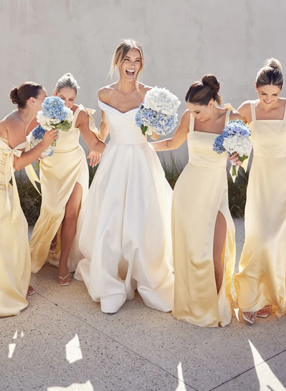 Cute A Line Spaghetti Strap Yellow Satin Evening Dress Bridesmaid Dress with Slit SH2701