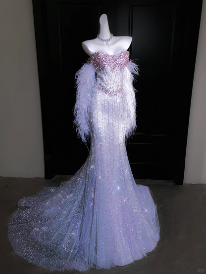 Exquisite Beaded Silver Sequin Mermaid Feather Tulle Date Dress Evening Dress Prom Dress SH3439