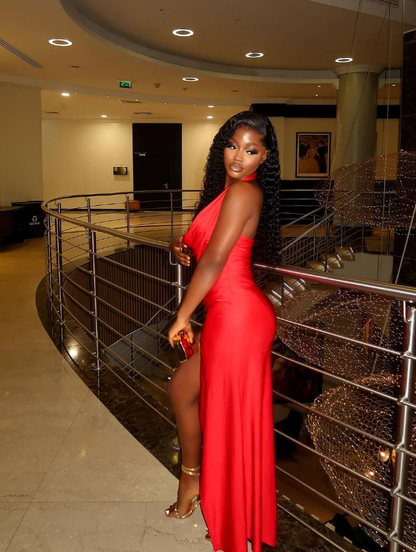 Sexy Sheath Halter V Neck Red Satin Prom Dress Evening Dress with Slit SH2354