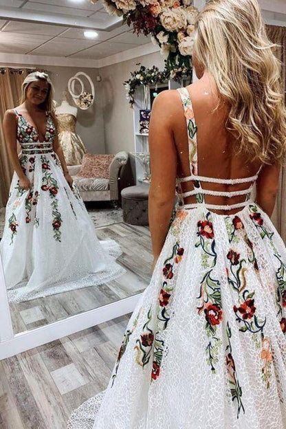 PM377,Elegant White Applique Floral Long Prom Dresses,A-Line Lace Evening Dress