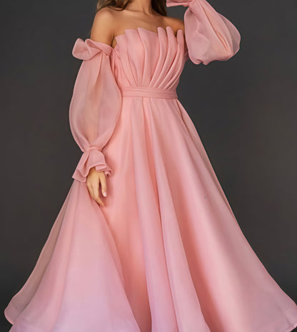 Elegant Blush Pink A-Line Party Dress, Pleated Ankle Length Prom Dress