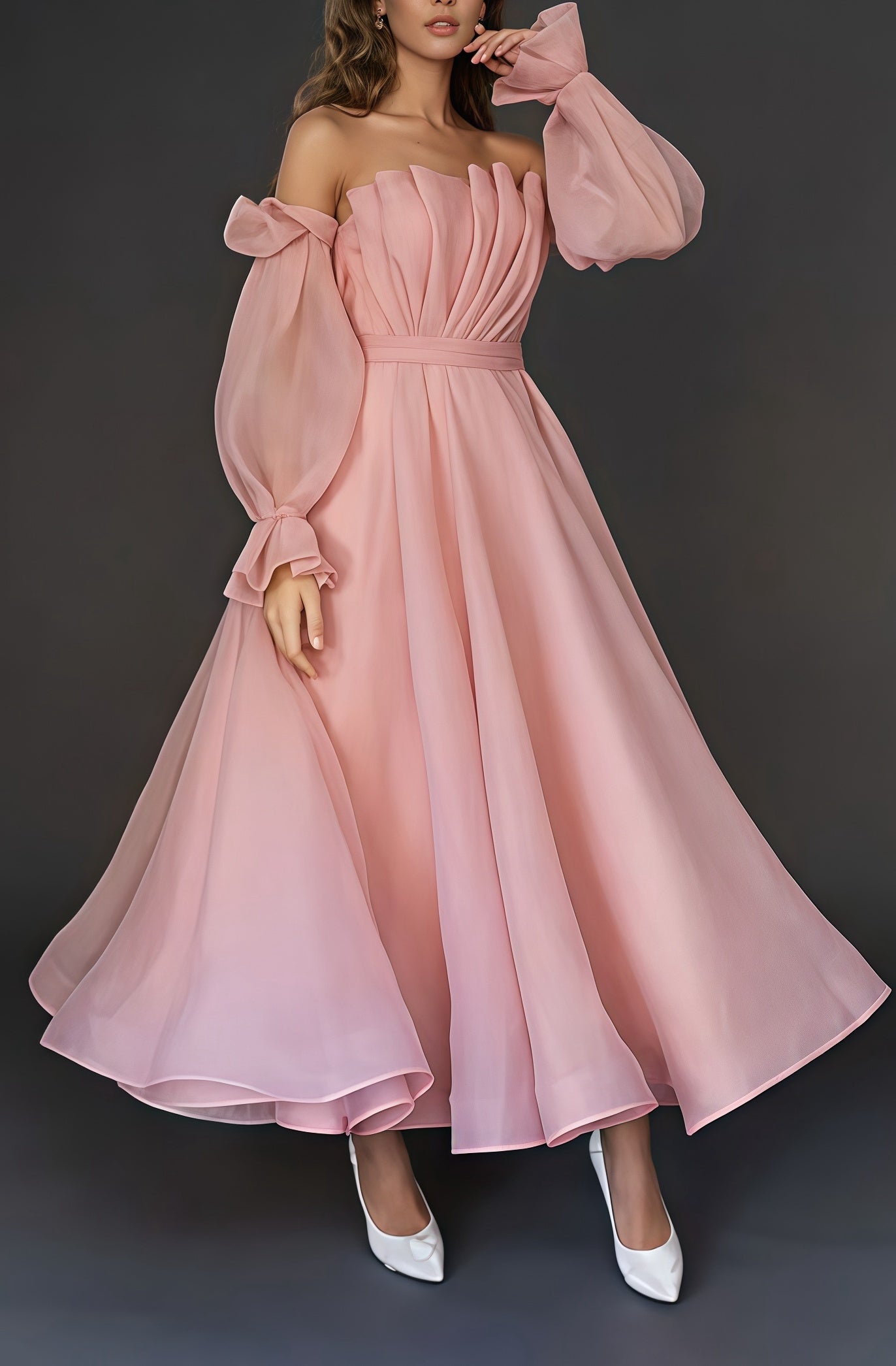 Elegant Blush Pink A-Line Party Dress, Pleated Ankle Length Prom Dress