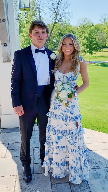 Elegant Floral Printing Formal Evening Dress Sleeveless Prom Dress with Split