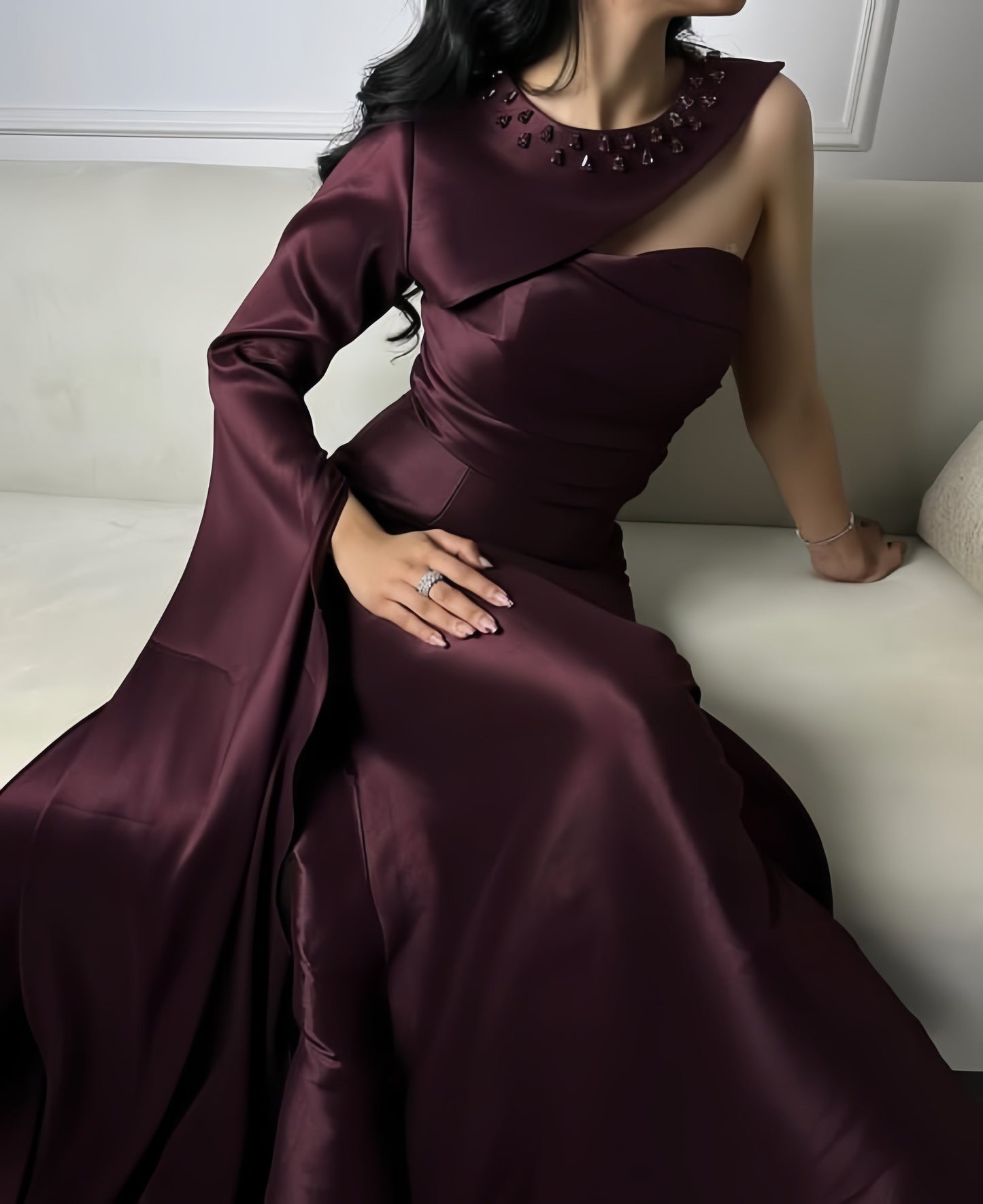 Elegant Sheath Long Prom Dress Beaded One Shoulder Party Dress