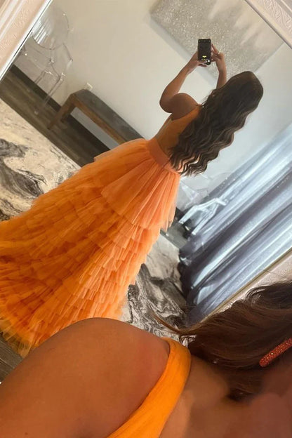 PM485,Elegant V Neck Layered Orange Tulle Long Prom Dresses, V Neck Orange Formal Graduation Evening Dresses