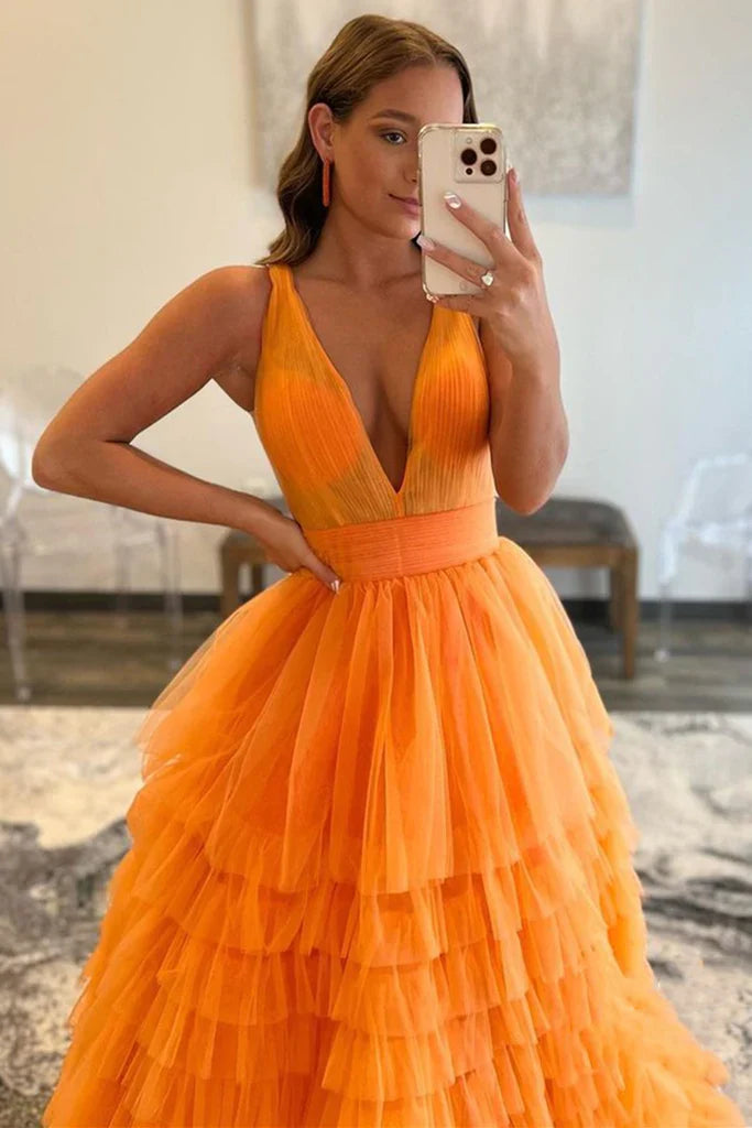PM485,Elegant V Neck Layered Orange Tulle Long Prom Dresses, V Neck Orange Formal Graduation Evening Dresses