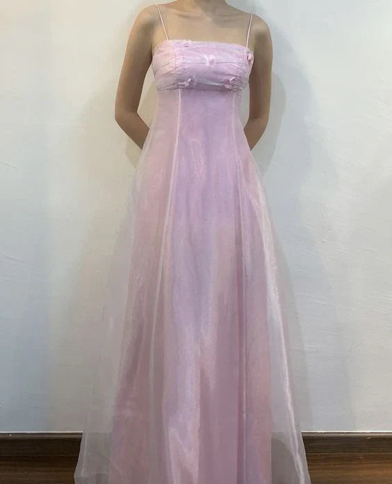 Pink Elegant Beautiful Floral Vintage A-Line Spaghetti Strap Long Chiffon Tulle Ball Gown Evening Dress Birthday Party Dress Prom Dress gh3908