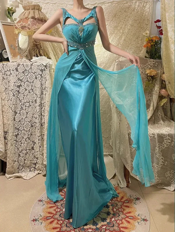 Blue Beaded Long Satin Mermaid Ball Gown Evening Gown Party Dress gh4439